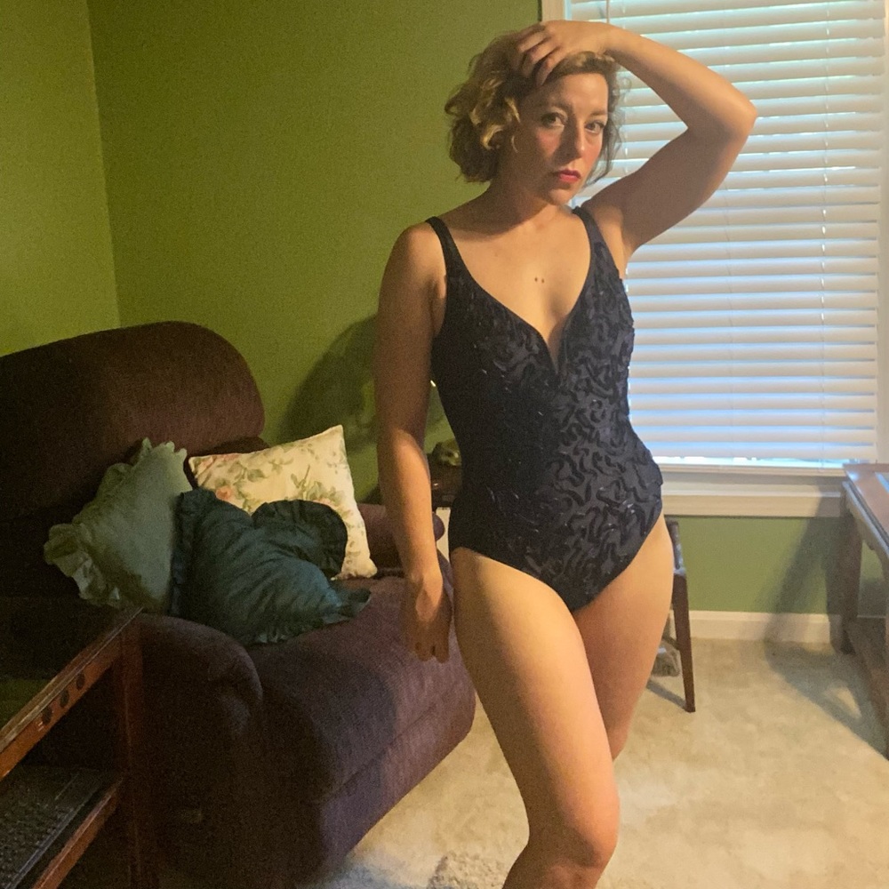 Royal blue vintage one piece with ribbon detailing